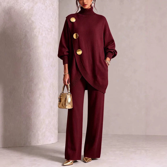 Color-block Casual Knit Top And Wide-leg Pants Set